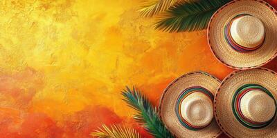 Vibrant summer celebration with traditional hats and tropical leaves on a colorful backdrop photo