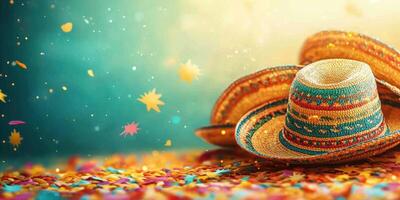 Colorful sombreros and festive confetti create a vibrant celebration atmosphere in a lively setting photo