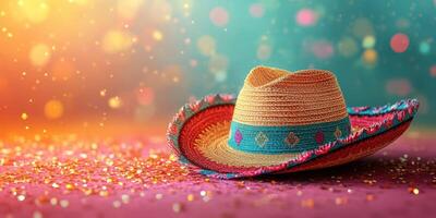 Colorful sombrero rests on a sparkling surface, capturing the festive spirit of a lively celebration photo
