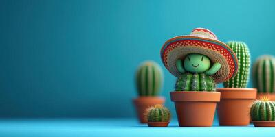 Cute cactus character wearing a sombrero surrounded by potted cacti on a blue background during daylight photo