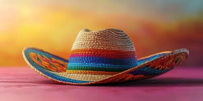 Colorful woven sombrero displayed against a vibrant sunset background in a warm outdoor setting during evening hours photo