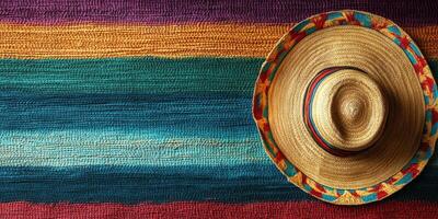 Colorful woven blanket and traditional straw hat displayed with vibrant patterns and textures in a cozy setting photo