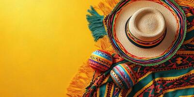 Colorful traditional sombrero and vibrant woven blanket displayed on a bright yellow background in a festive setting photo