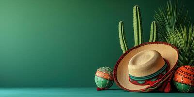 Colorful sombrero with decorative objects and cacti on green surface in a vibrant setting photo