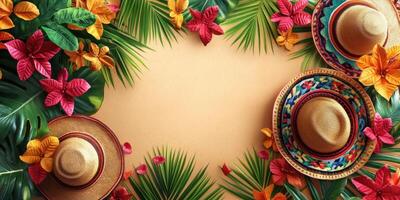 Festive hat display surrounded by tropical leaves and vibrant flowers in a sunny garden setting photo