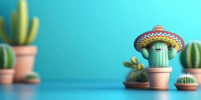 Colorful cactus figurine wearing a sombrero with small potted plants on a bright blue background photo