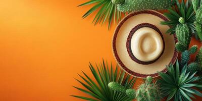 Bright orange background featuring a straw hat surrounded by various cacti and tropical leaves evokes a sunny, relaxed atmosphere photo