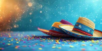 Colorful traditional hats laid out on a festive table adorned with bright confetti and a vibrant background photo