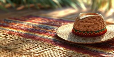 Colorful straw hat resting on a vibrant woven mat in a sunny outdoor setting photo