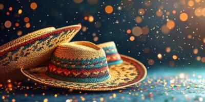 Colorful sombreros arranged artistically with sparkling confetti and warm lighting creating a festive atmosphere photo