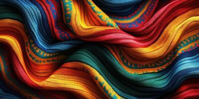 Colorful woven fabric showcasing intricate patterns with vibrant hues in a textile workshop photo
