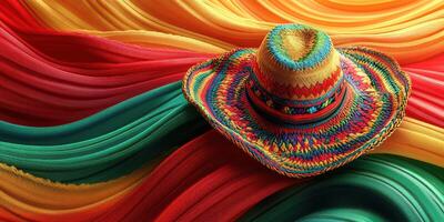 Colorful woven hat on vibrant fabric waves in bold red, green, and yellow at a festive celebration photo