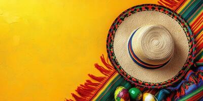 Vibrant sombrero and colorful blanket with decorative maracas on a bright yellow background photo