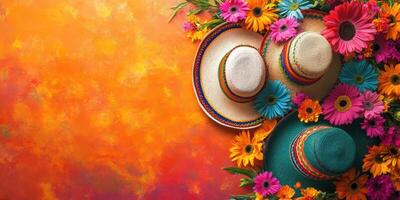 Colorful floral arrangement with sombreros creating a vibrant fiesta atmosphere photo