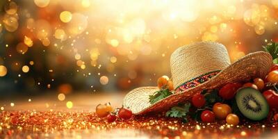 Summer harvest festival with a straw hat and fresh produce on a golden background photo