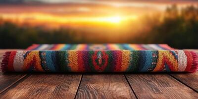 Vibrant woven rug displayed on wooden surface with sunset landscape in the background photo