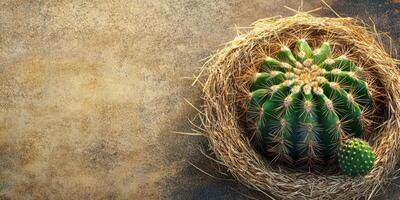 Cactus nestled in a nest made of straw on a textured surface with natural earthy colors photo