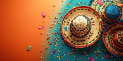 Colorful sombreros and festive confetti create a vibrant atmosphere for a celebration photo