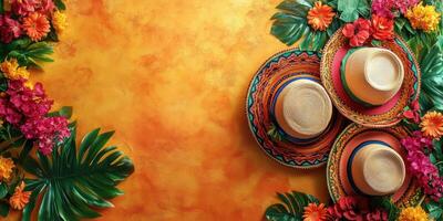 Colorful tropical decor featuring sombreros surrounded by vibrant flowers and greenery in a festive setting photo