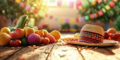 Colorful fiesta decor with fresh fruits and traditional hat on a wooden table in a festive outdoor setting photo
