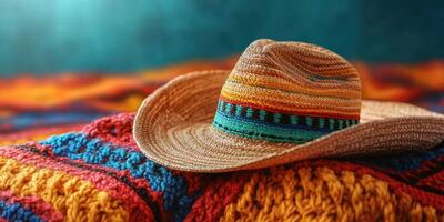 Colorful woven hat resting on vibrant textile background with intricate patterns in a cozy setting photo