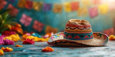Colorful sombrero and vibrant flowers create a festive atmosphere at a lively celebration photo