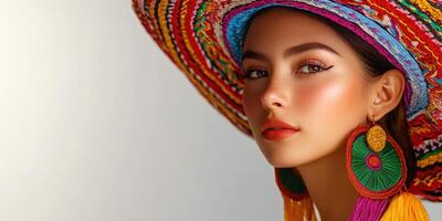 Woman wearing colorful traditional hat and large earrings poses gracefully with a vibrant expression photo