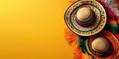Colorful sombreros and vibrant fringes arranged against a bright yellow backdrop for celebration photo