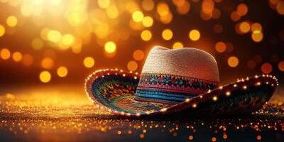 Decorative sombrero with festive lights on a sparkling surface during a celebration photo