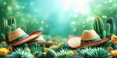 Colorful sombreros resting among vibrant cacti and flowers in a lush desert setting during a sunny afternoon photo