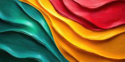 Vibrant layers of colorful paint create an abstract composition in bold green, red, yellow, and orange waves in a textured display photo