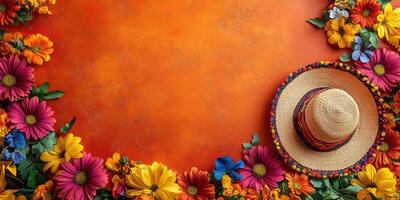 Colorful floral decoration with a traditional hat on a vibrant orange background for a festive occasion photo