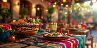 Vibrant outdoor dining setup with colorful dishes and decorations in a festive atmosphere photo