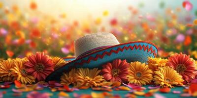 Colorful sombrero rests among vibrant flowers in a sunny garden setting during springtime photo