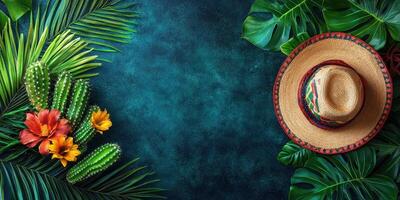 Colorful tropical decorations with hat and flowers arranged on a vibrant blue background photo