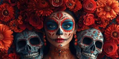 Celebration of life and death with sugar skulls and vibrant floral decorations photo