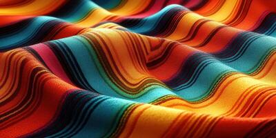 Vibrant woven fabric displaying colorful stripes in various hues of red, orange, and blue for design inspiration photo