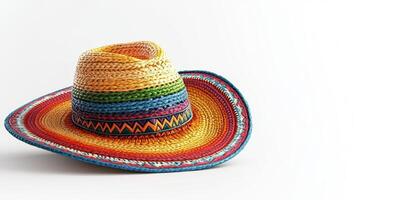 Colorful straw hat with vibrant patterns placed on a white background showcasing traditional craftsmanship photo
