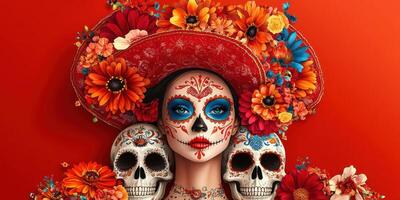 Celebratory depiction of a woman with colorful face paint and floral decorations honoring the Day of the Dead photo
