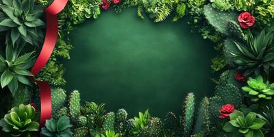 Vibrant greenery and cacti create a lush backdrop with decorative red ribbon for creative projects photo