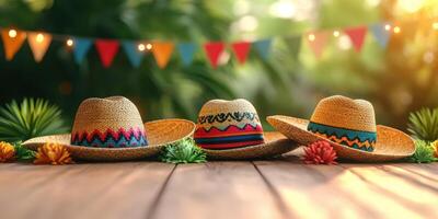 Colorful straw hats arranged on wooden table with festive decorations in a lively outdoor setting during summer celebration photo