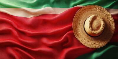 Colorful fabric representing a national flag with a straw hat resting on top in a vibrant display photo