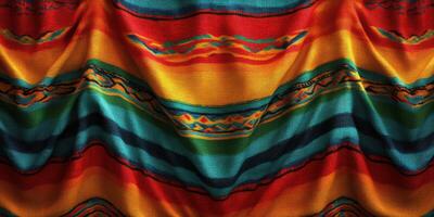 Vibrant woven fabric with colorful patterns showcases rich textile artistry in a close-up view photo