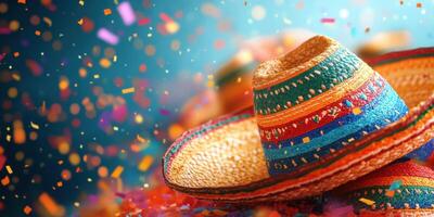 Colorful sombreros and festive confetti create a vibrant atmosphere at a lively celebration photo