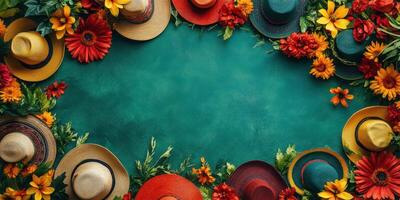 Colorful hats and vibrant flowers create a festive border on a teal background photo