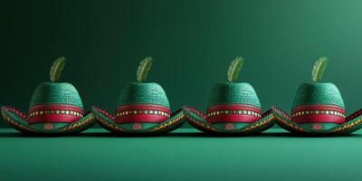Unique green sombreros with decorative feathers displayed in a row against a solid green background for festive occasions photo