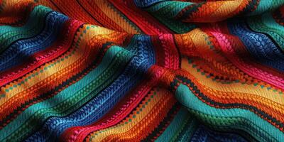 Colorful woven textile with intricate patterns and vibrant hues displayed in natural light photo