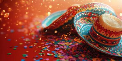 Vibrant somberos surrounded by colorful confetti during a festive celebration in a bright setting photo