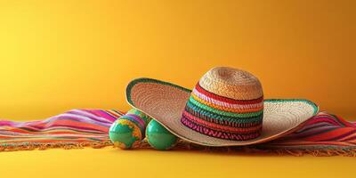 Colorful sombrero and decorative globes displayed on vibrant fabric against a bright yellow background photo