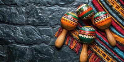 Colorful maracas and a vibrant textile placed on a textured stone surface evoke a festive atmosphere photo